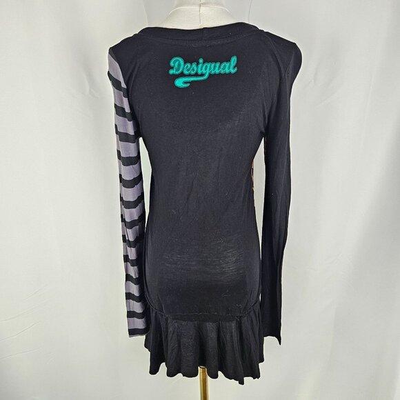 Desigual Damen Black Floral Stripe Tunic Top Sz Medium Asymmetric Hem - Picture 5 of 16